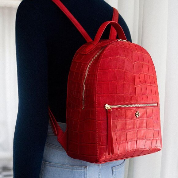 Tory Burch Red Croc Embossed Leather Backpack - Picture 2 of 8